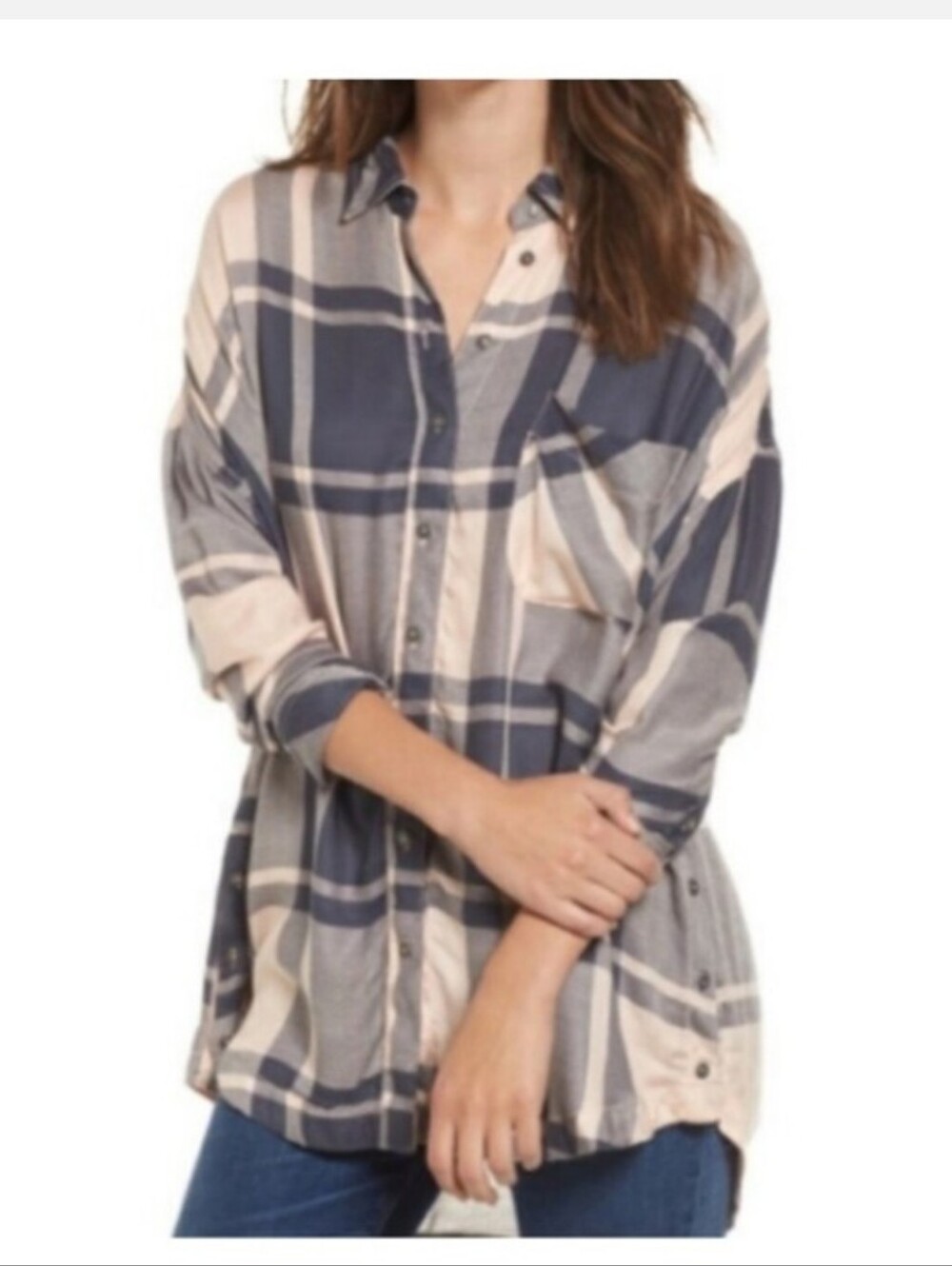 Free People Oversized Plaid Flannel Button Up Shirt Size XS
